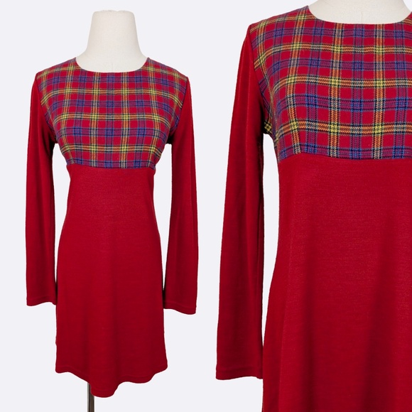 Plaid Mini Dress Long Sleeve Short Long Sleeve Holiday Plaid Empire Waist Fit - Picture 1 of 11